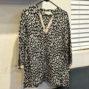 Jones New York 100% Linen Animal Print V-Neck Tunic Blouse